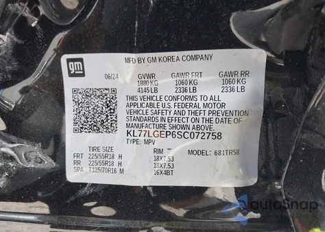 2025 Chevrolet Trax Fwd 1Rs z USA, uszkodzony, nr VIN KL77LGEP6SC072758